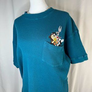 Vintage Looney Tunes Teal Thermal Short Sleeve Pocket Cotton Tee L